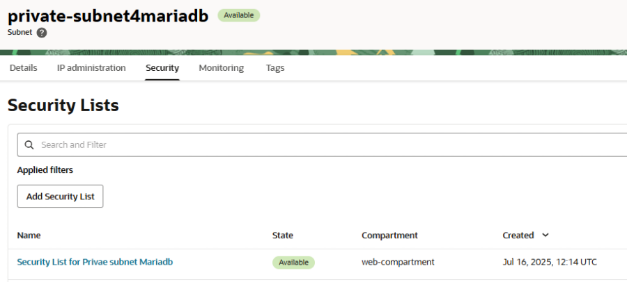 Private subnet security list
