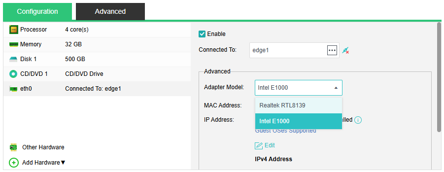 The virtual machine network card is rtl8139.